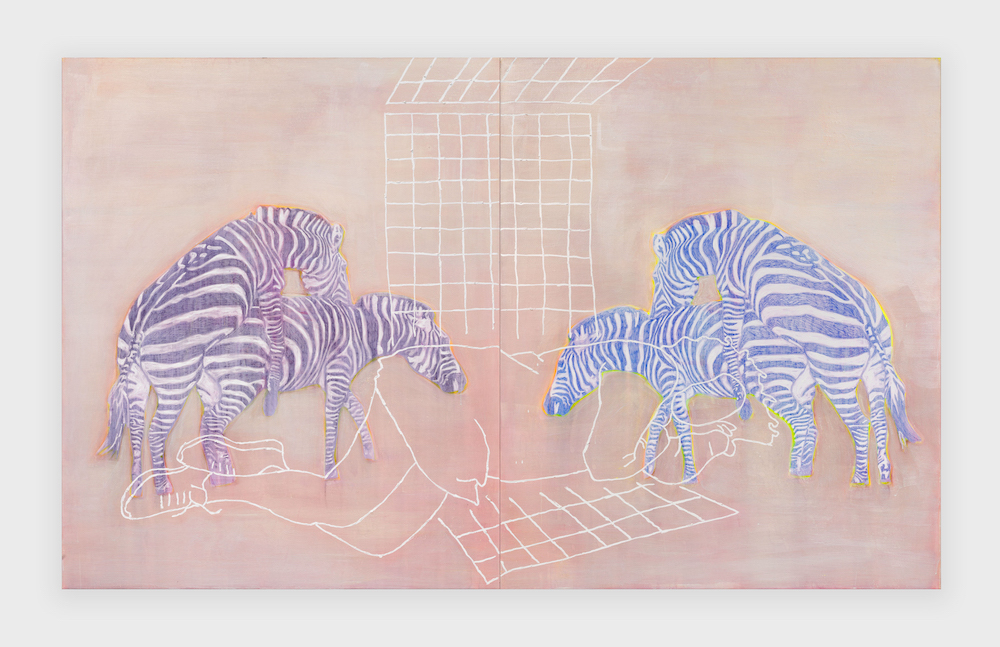 <i>Aspirational regret</i>, 2024. Ballpen, rabbitskinglue, pigments, acrylic and oil on canvas, diptych, 66 7/8 x 110 1/4 in (170 x 280 cm)